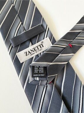 Zanetti Grey White Woven Stripes Italian Repp 100% Silk Tie Necktie Made Italy